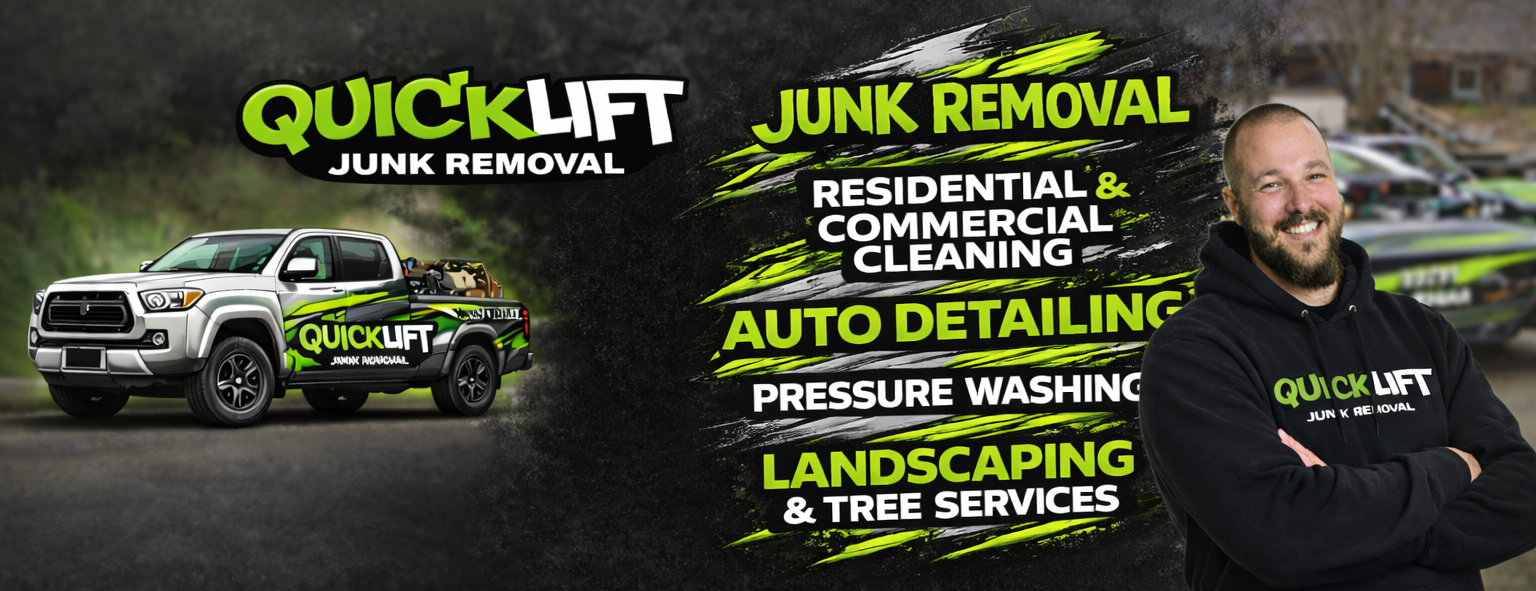 QuickLift services banner with a truck and person, featuring text on junk removal and other services.